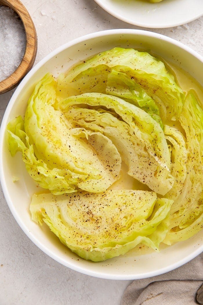 Boiled cabbage in a white bowl