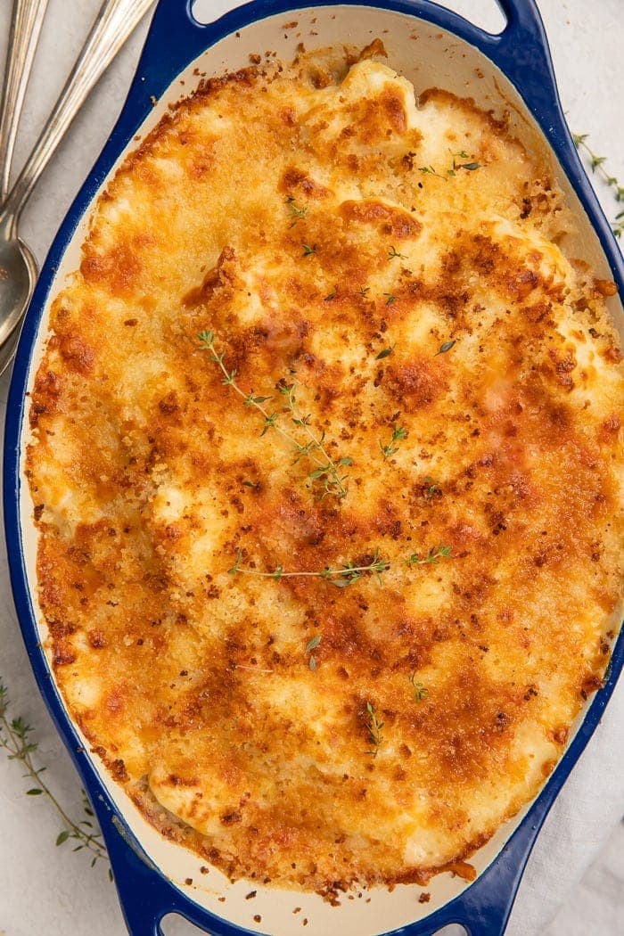 Overhead shot of cauliflower au gratin in a baking dish