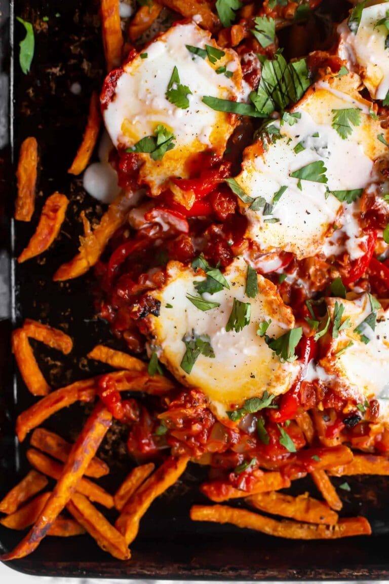 Shakshuka Loaded Sweet Potato Fries