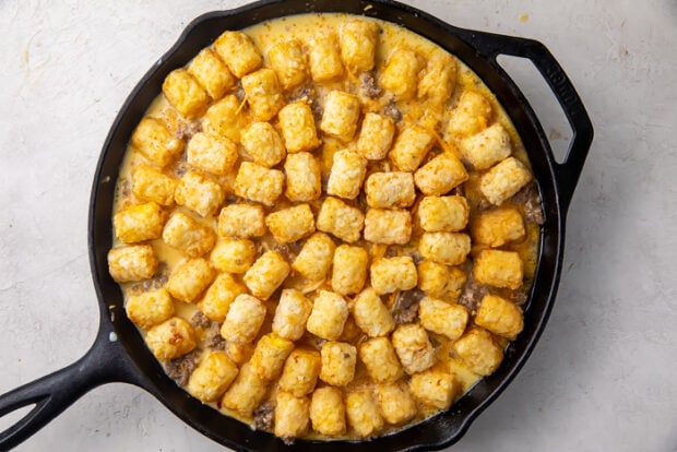 Castiron skillet with tater tot breakfast casserole