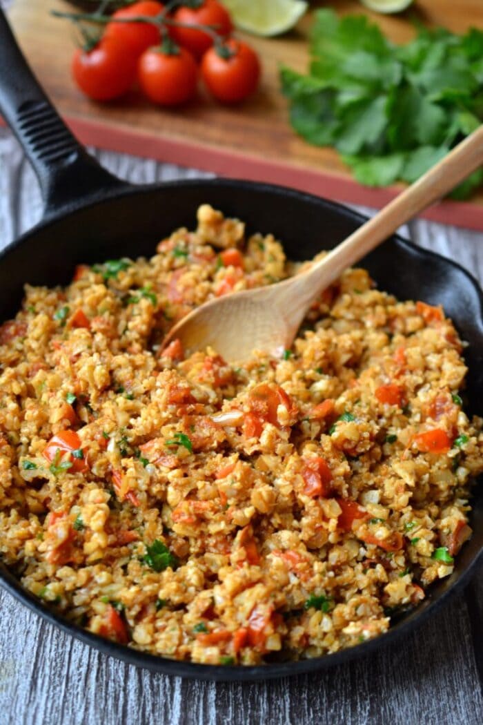 Cast iron skillet with Whole30 Mexican cauliflower rice