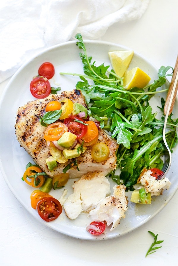 Grilled halibut with tomato avocado salsa