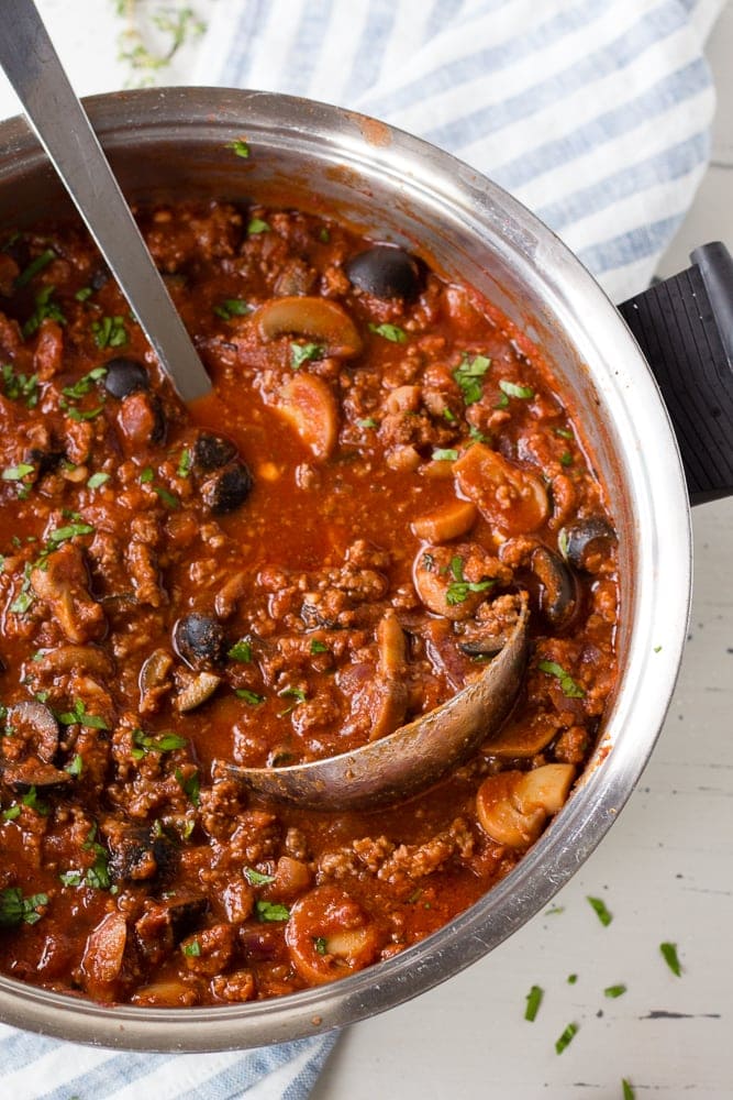 A soup pot of Whole30 tomato meat sauce