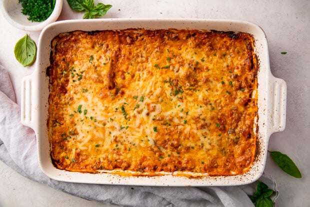 Baked keto lasagna in a ceramic baking dish