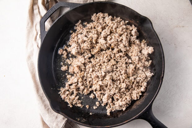 Ground sausage in a cast iron skillet