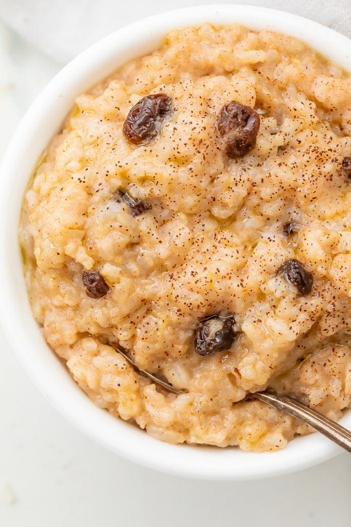 Rice pudding in a white bowl