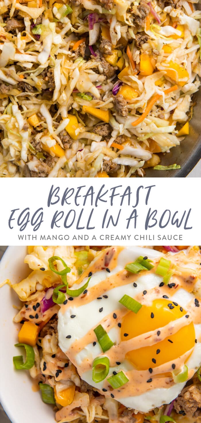 Pinterest graphic for breakfast egg roll in a bowl