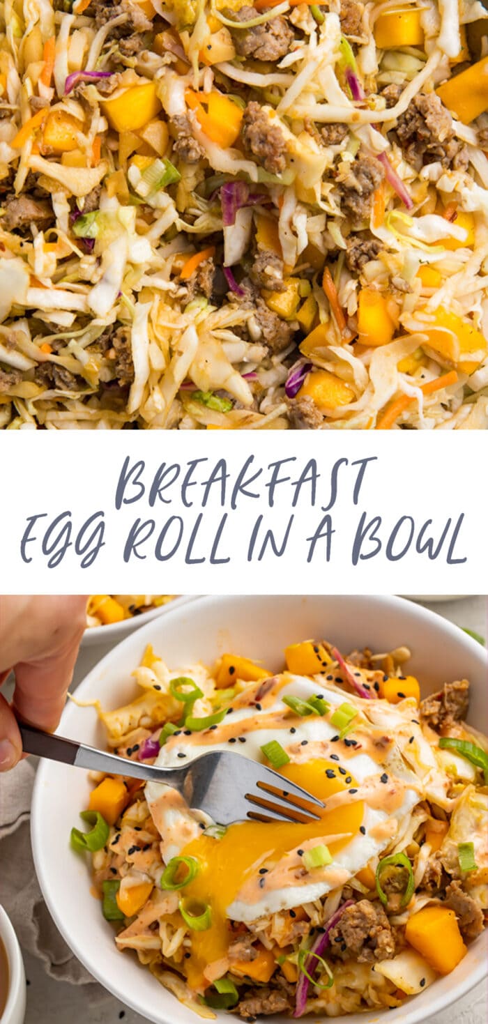 Pinterest graphic for breakfast egg roll in a bowl