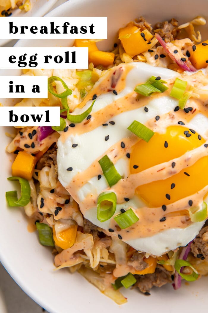 Pinterest graphic for breakfast egg roll in a bowl