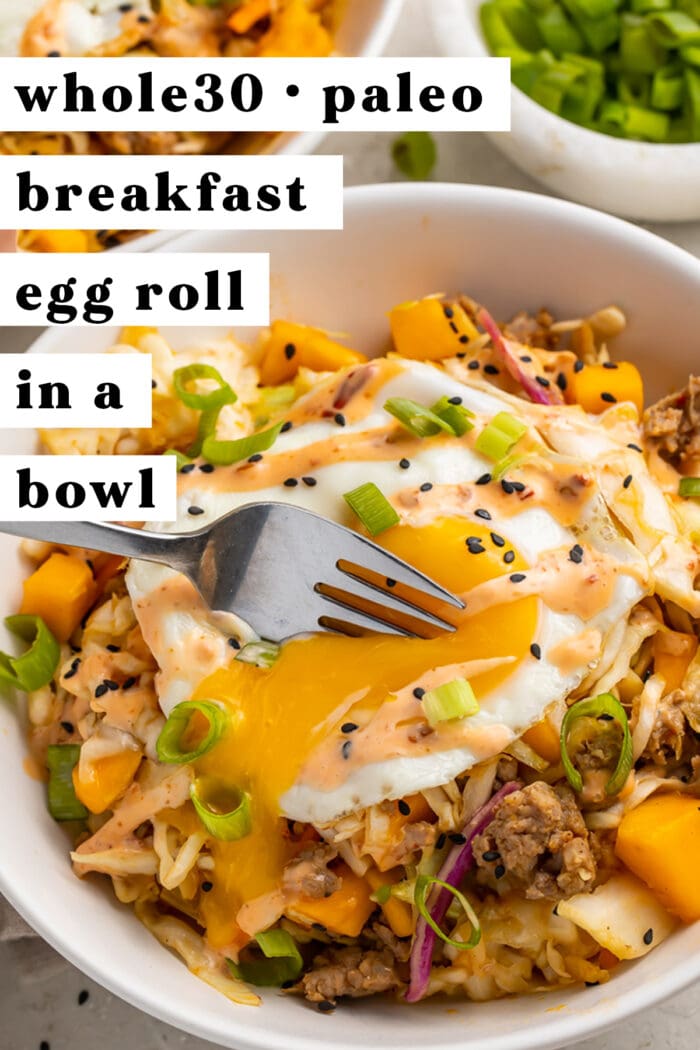 Pinterest graphic for breakfast egg roll in a bowl