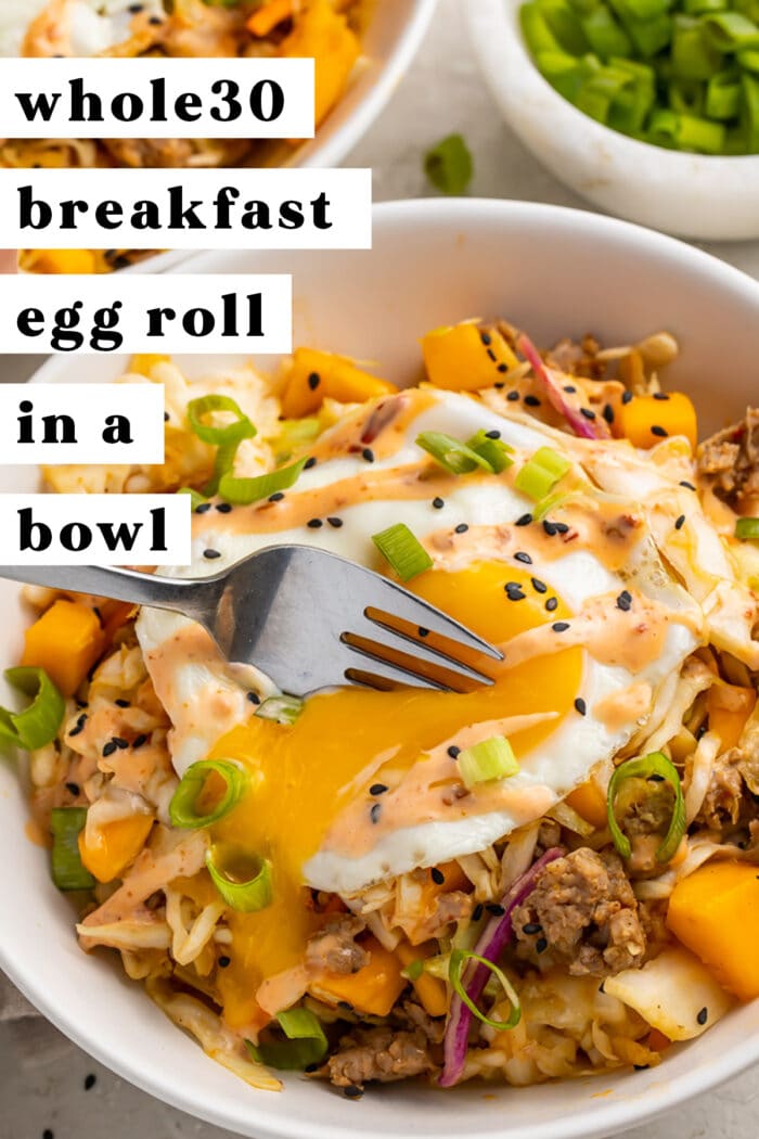 Pinterest graphic for breakfast egg roll in a bowl