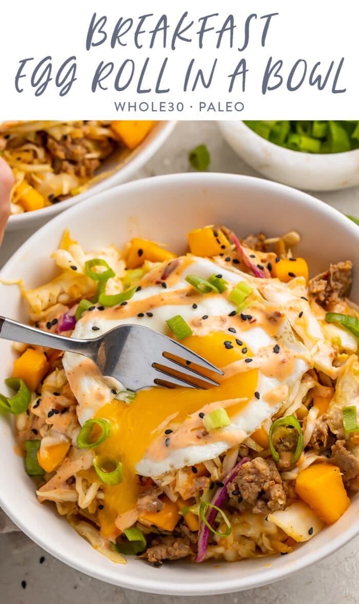 Pinterest graphic for breakfast egg roll in a bowl