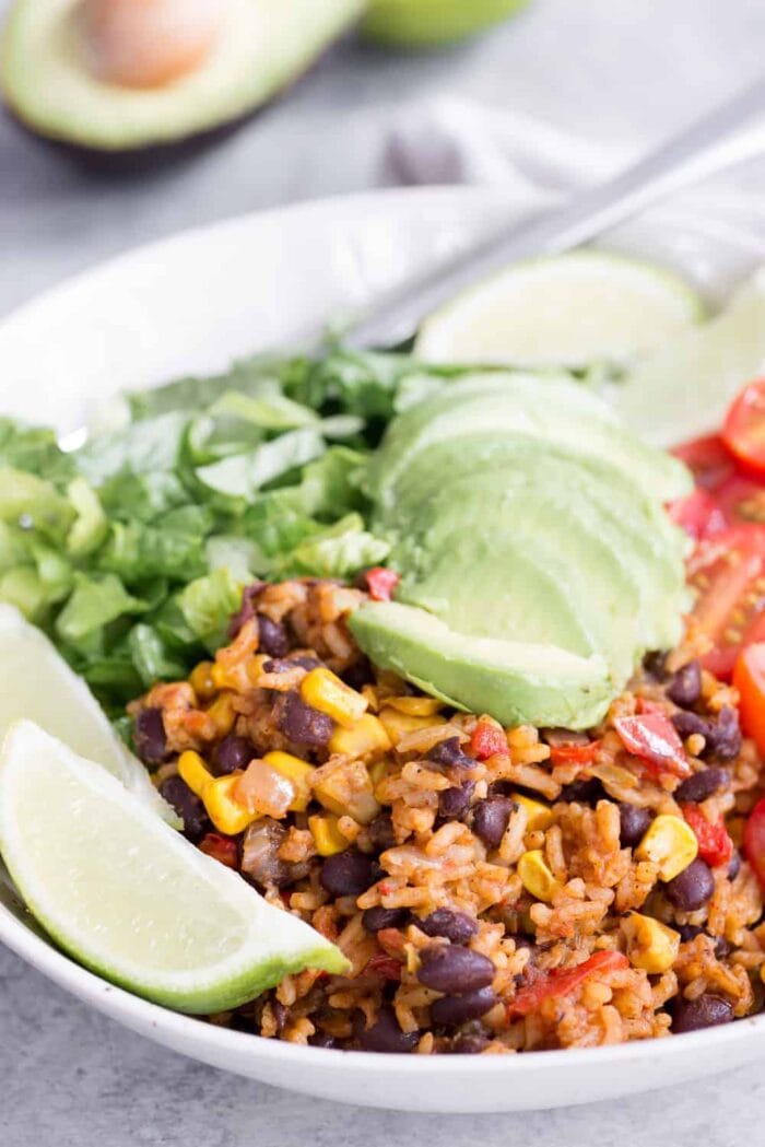 Vegan Mexican burrito bowl close up