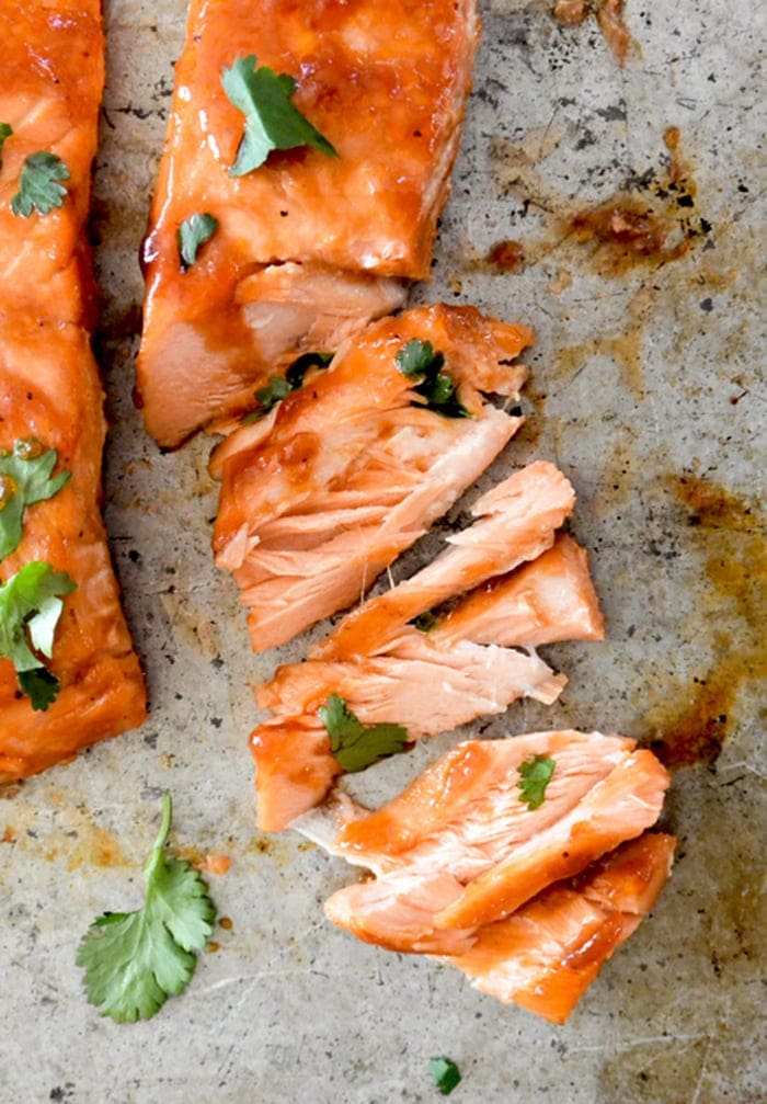 Cranberry barbecue salmon on a grey surface