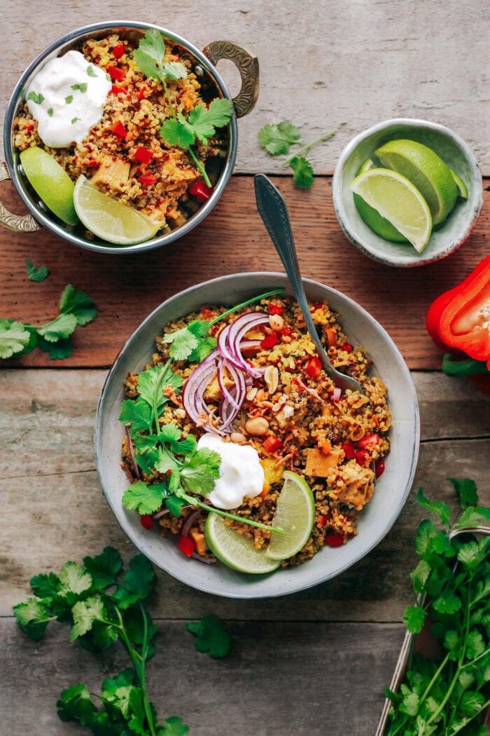 Two bowls of tofu biryani