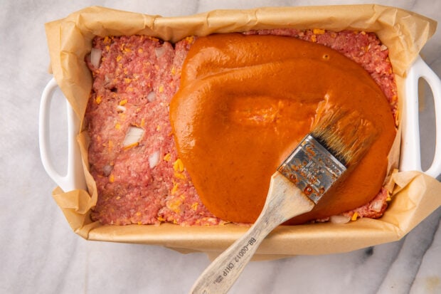 Keto meatloaf topped with ketchup glaze