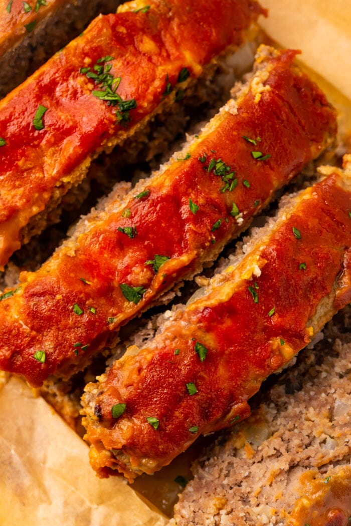 Sliced keto meatloaf with sweet ketchup glaze