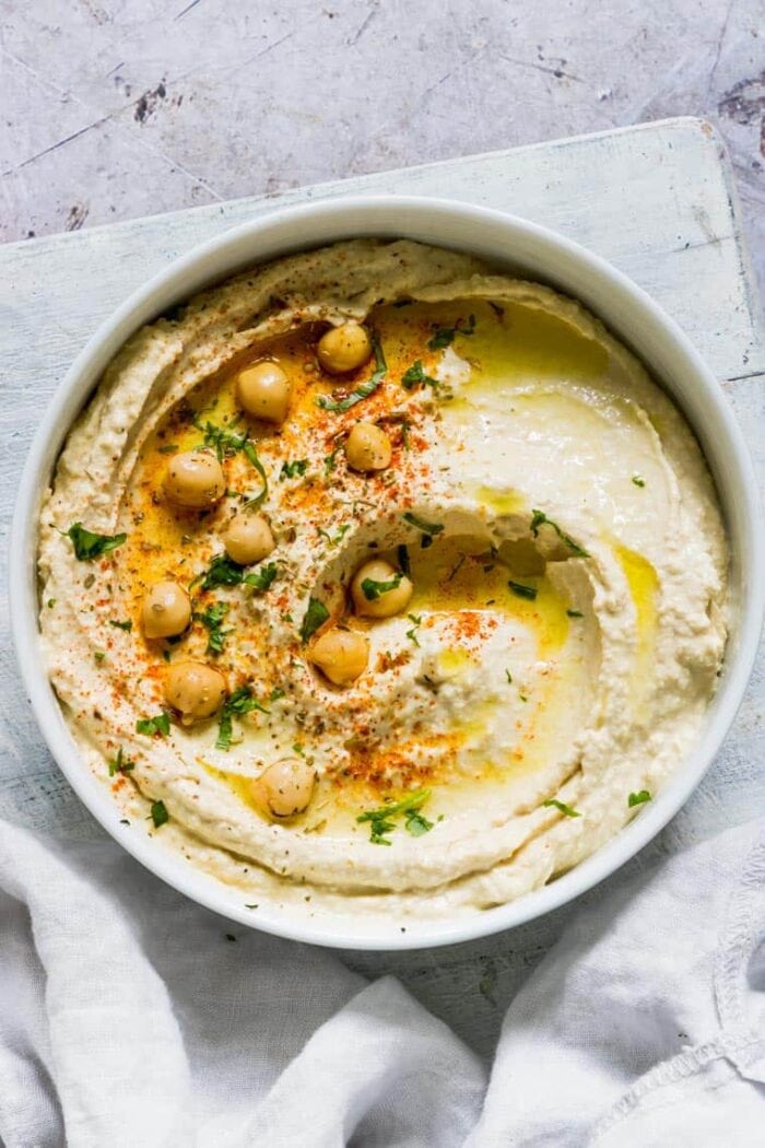 Overhead photo of a bowl of vegan Instant Pot hummus with chickpeas