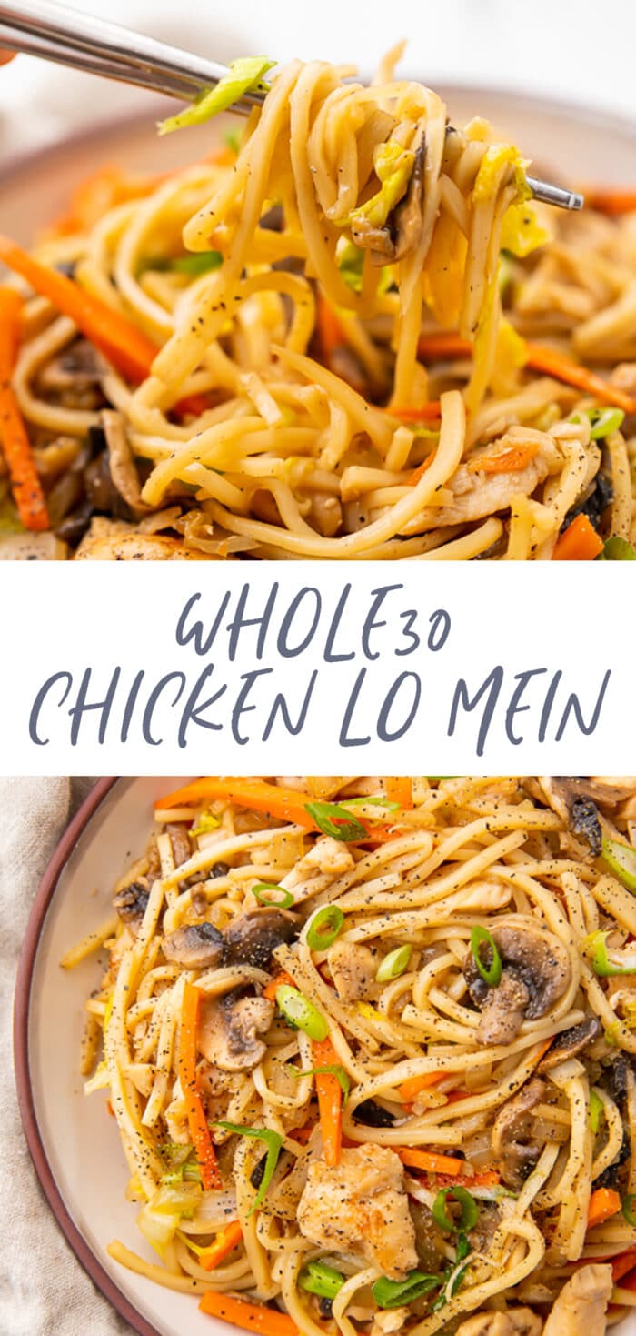 Pinterest graphic for Whole30 chicken lo mein