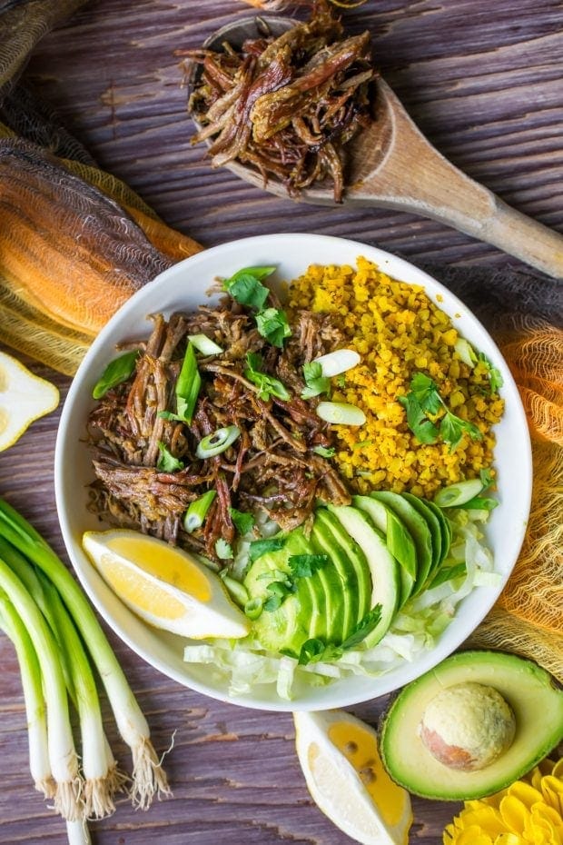 Low carb Instant Pot brisket bowls with avocado