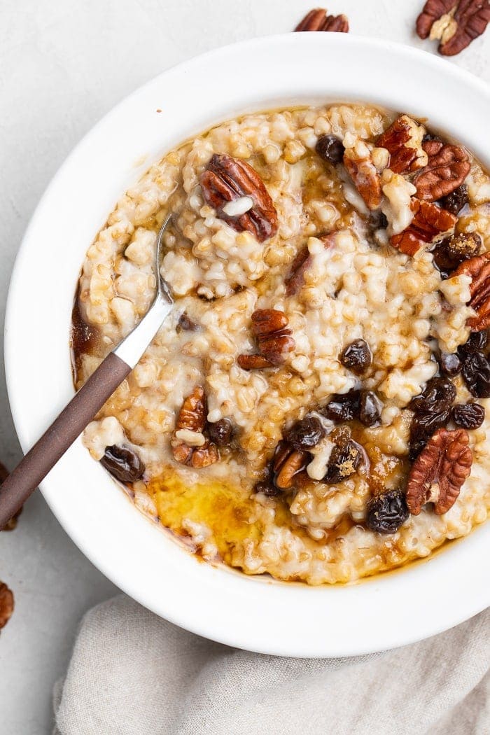 A white bowl of Instant Pot steel cut oats