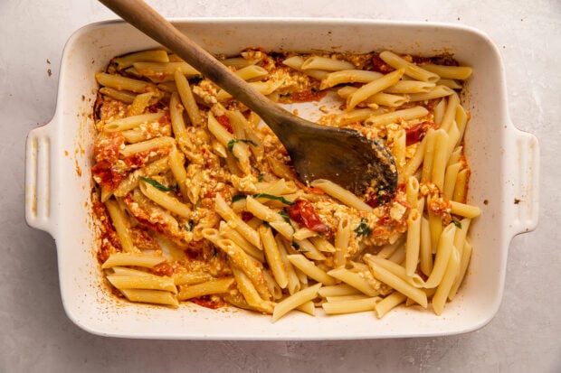 Baked feta pasta in a casserole dish