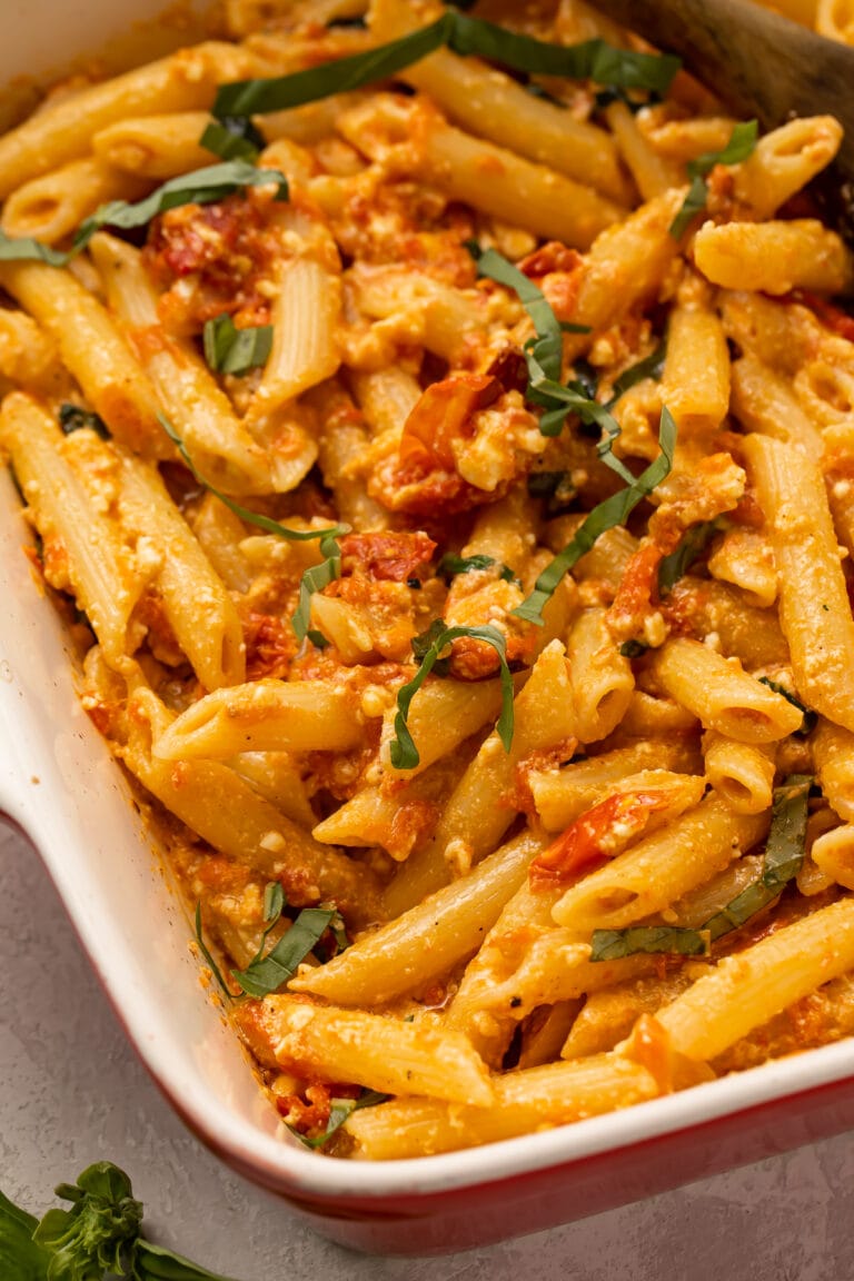 Baked feta pasta in a casserole dish