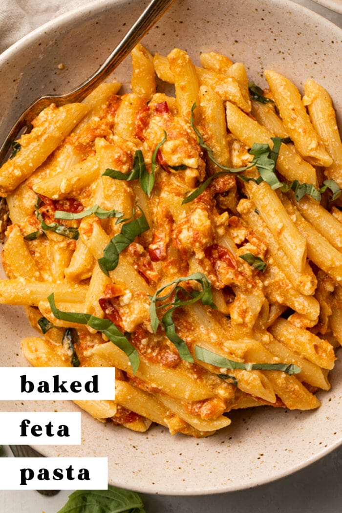 Pinterest graphic for baked feta pasta