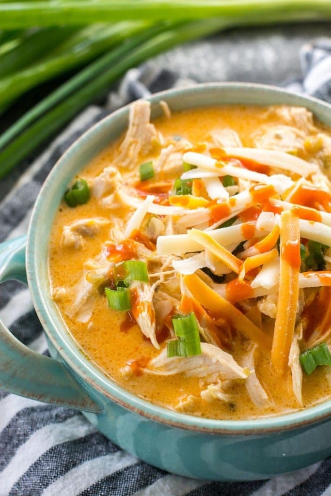 Buffalo chicken soup in a turquoise bowl