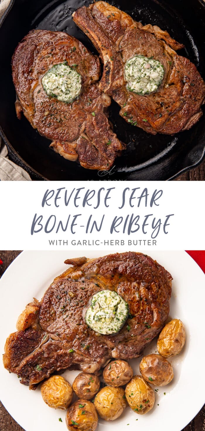 Pinterest graphic for bone-in ribeye