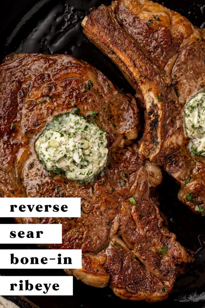 Pinterest graphic for bone-in ribeye