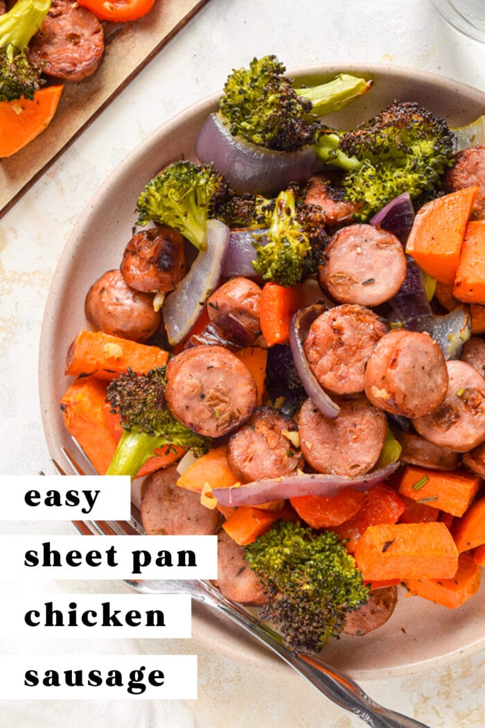 Pinterest graphic for sheet pan chicken sausage