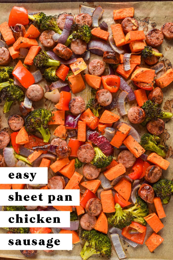 Pinterest graphic for sheet pan chicken sausage