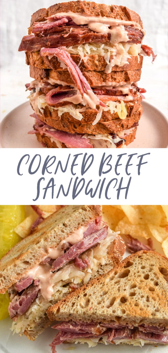 Pinterest graphic for corned beef sandwich