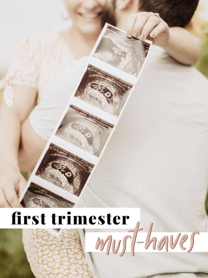 Post graphic for first trimester must-haves. Shows couple embracing, holding sonogram pictures out toward camera.