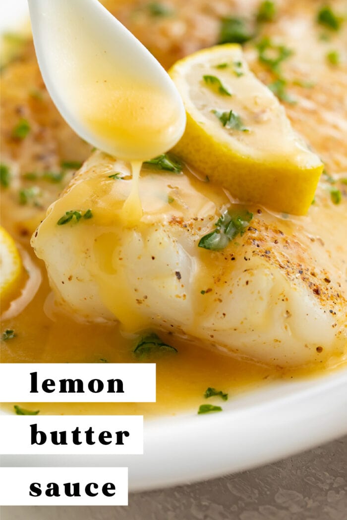 Pinterest graphic for lemon butter sauce