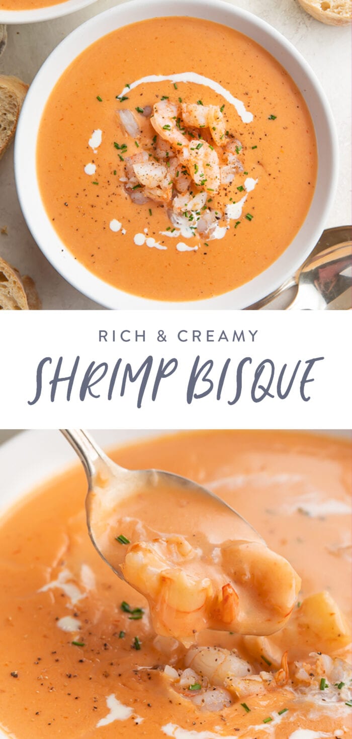 Pinterest graphic for shrimp bisque