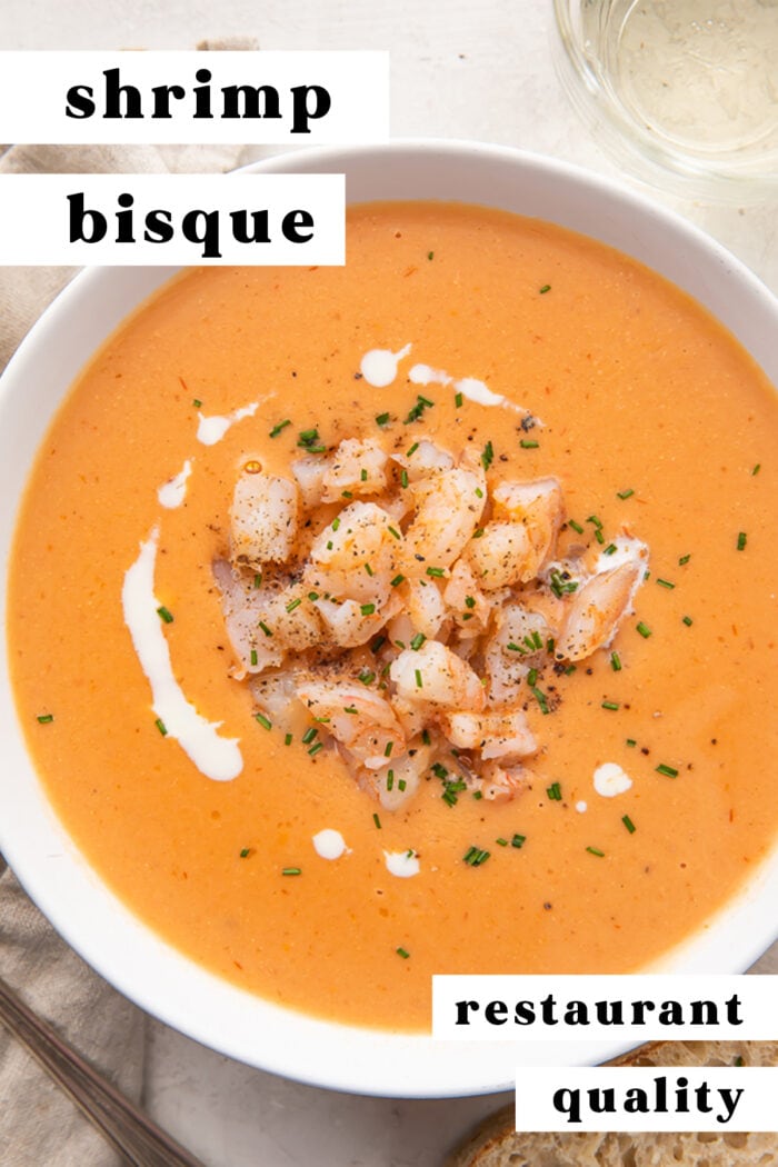 Pinterest graphic for shrimp bisque