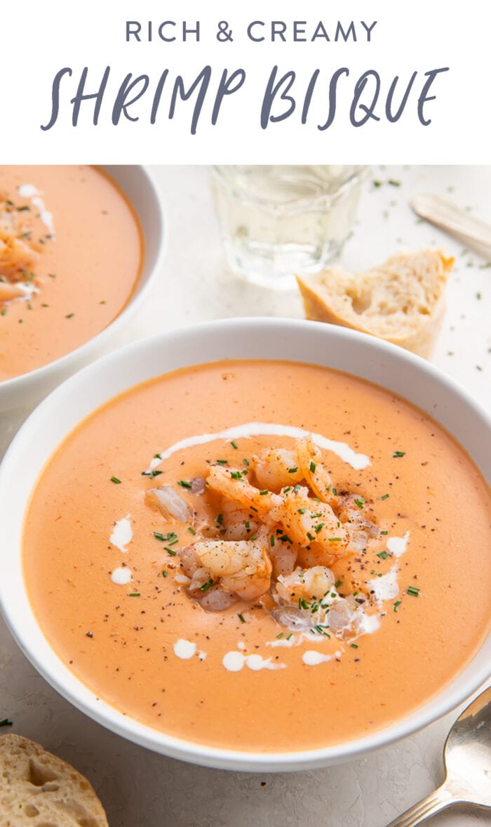 Pinterest graphic for shrimp bisque