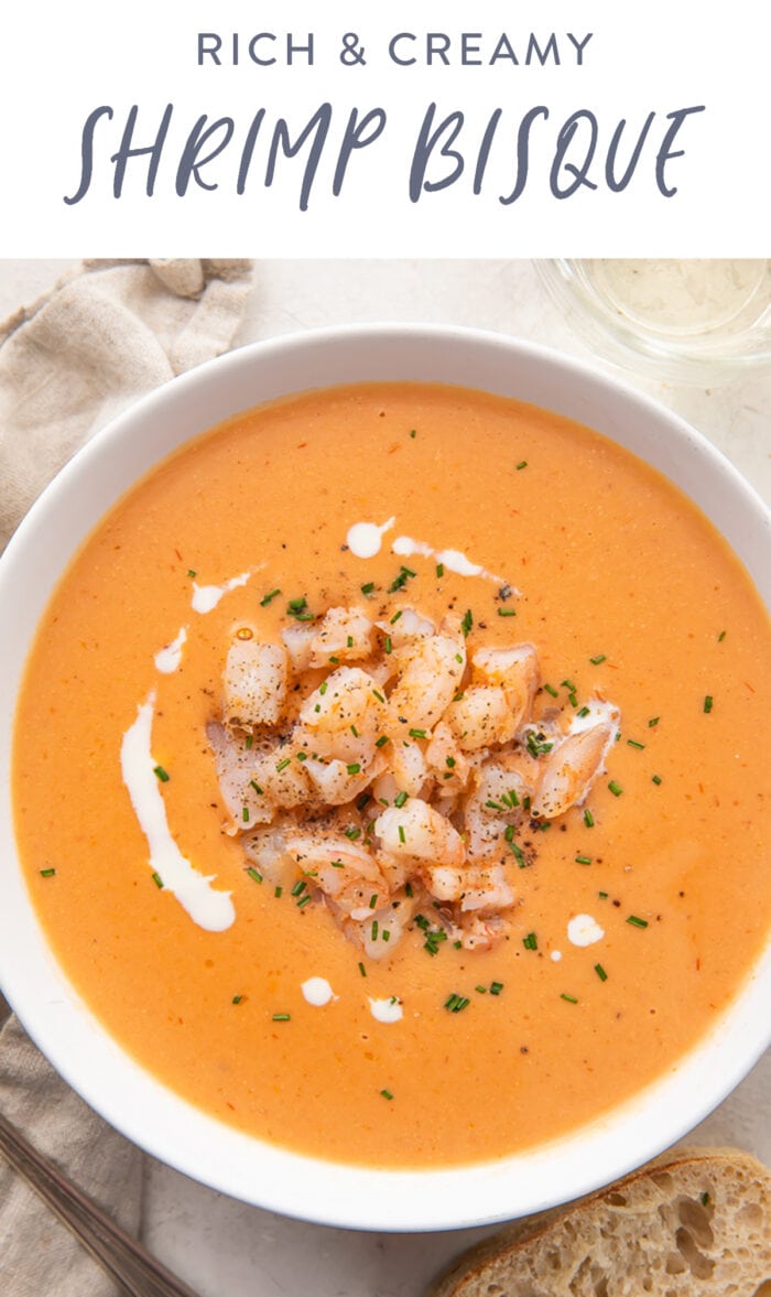 Pinterest graphic for shrimp bisque