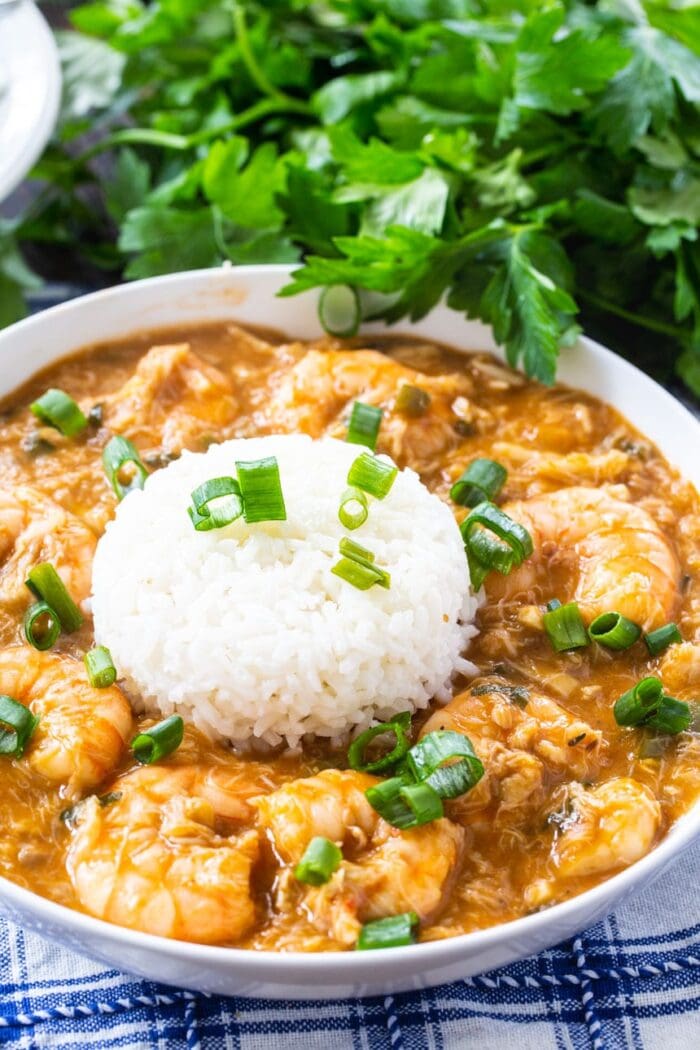 Crab and shrimp etouffee with white rice and green parsley