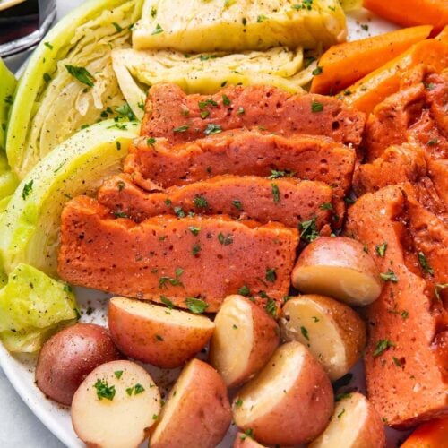 Close up view of vegan corned beef and cabbage with potatoes