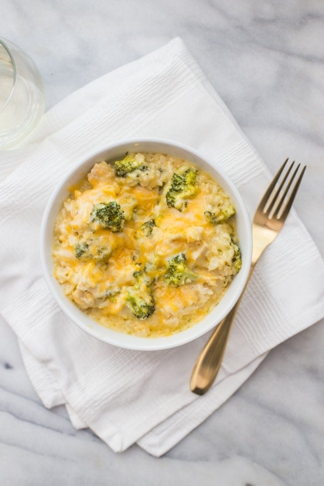 Shredded chicken and broccoli with brown rice in a bowl