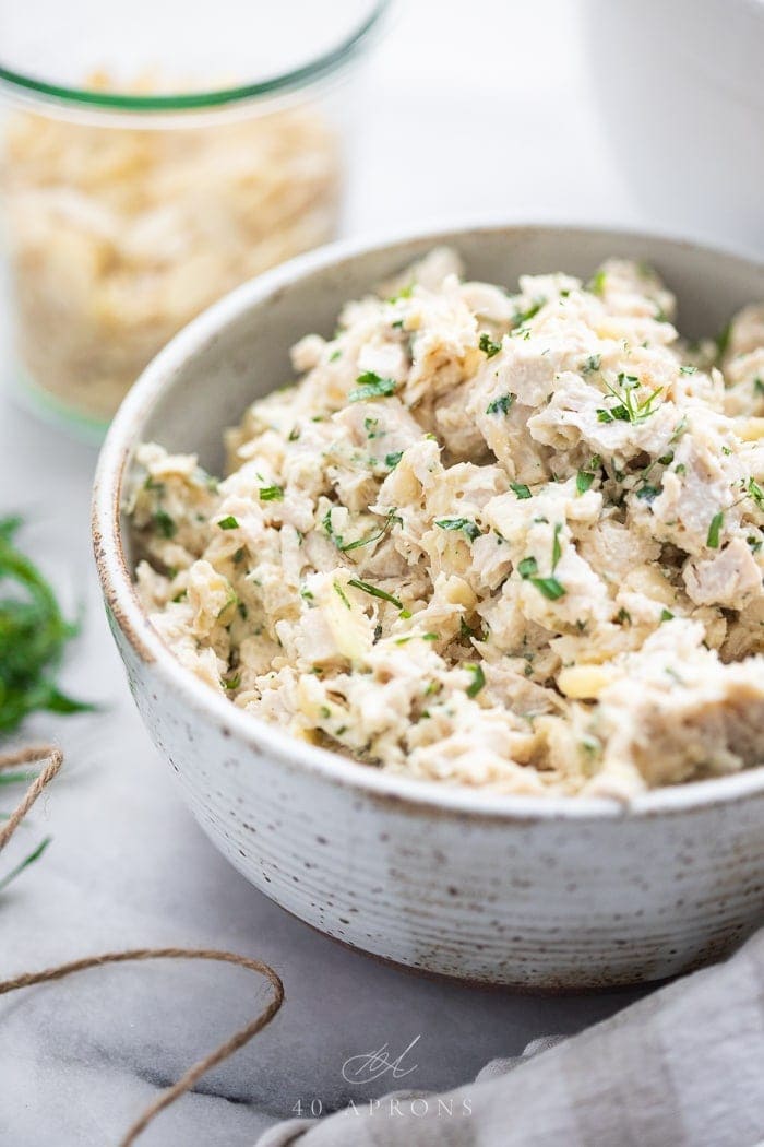 Tarragon chicken salad in a white bowl