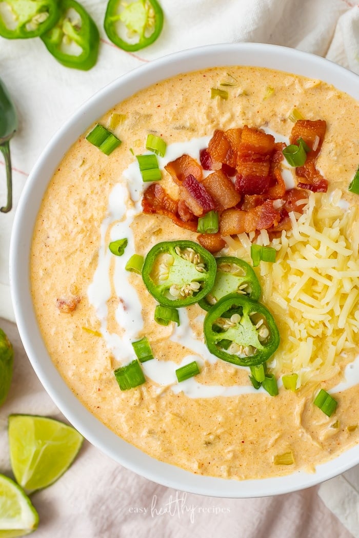 Keto white chicken chili in a white bowl