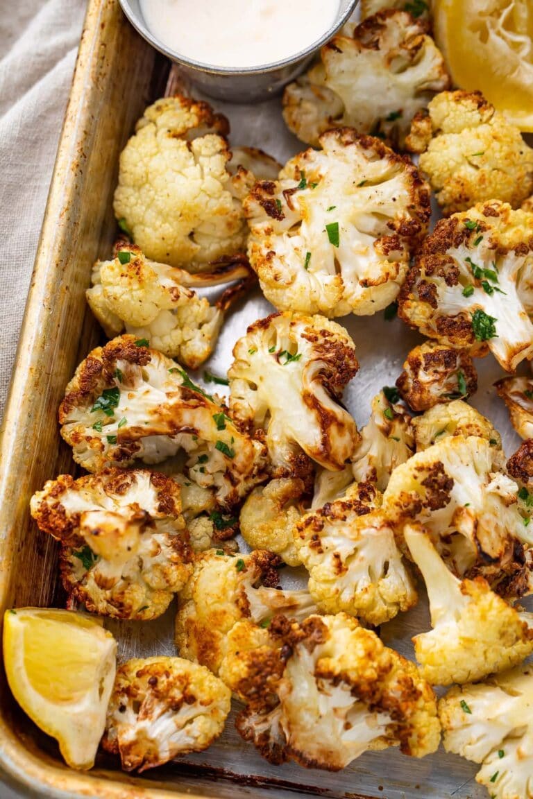 Air fryer cauliflower on a baking sheet