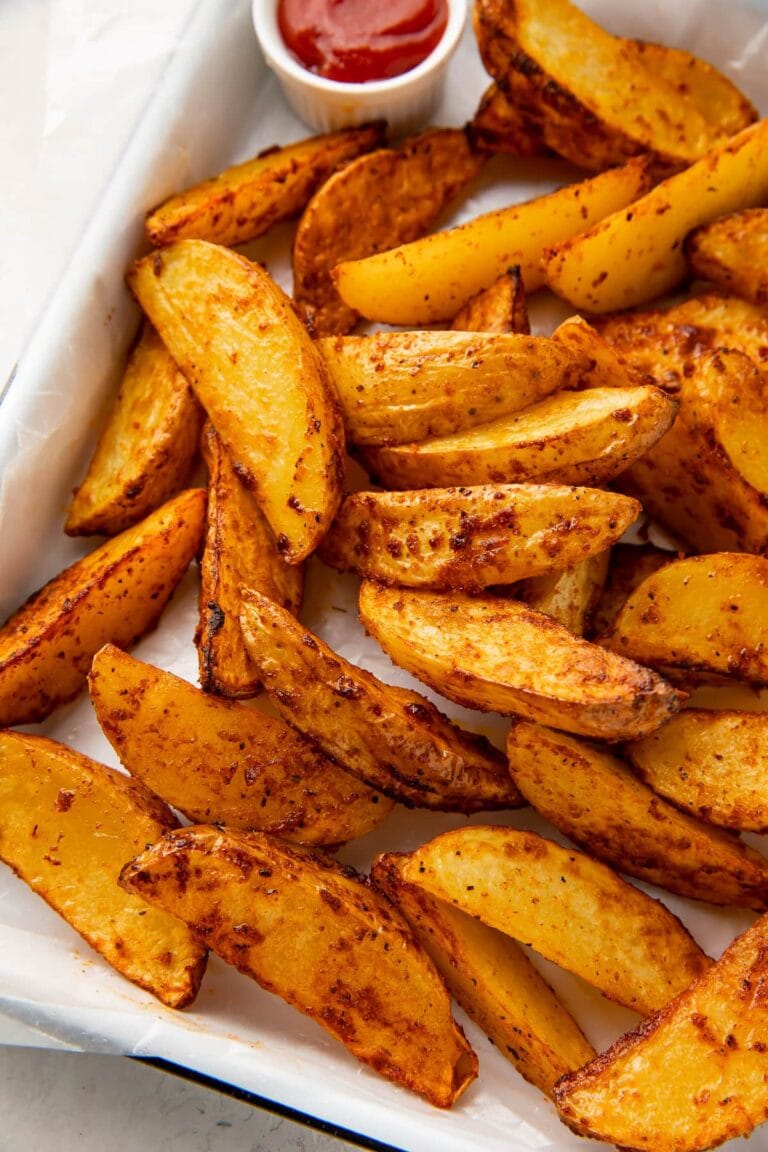 Air fryer potato wedges on a sheet pan next to a ramekin of ketchup