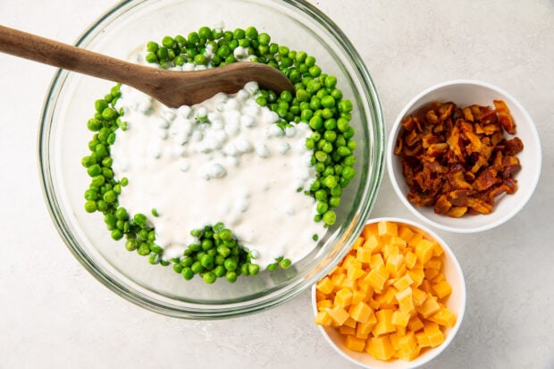 Ingredients for pea salad in bowls