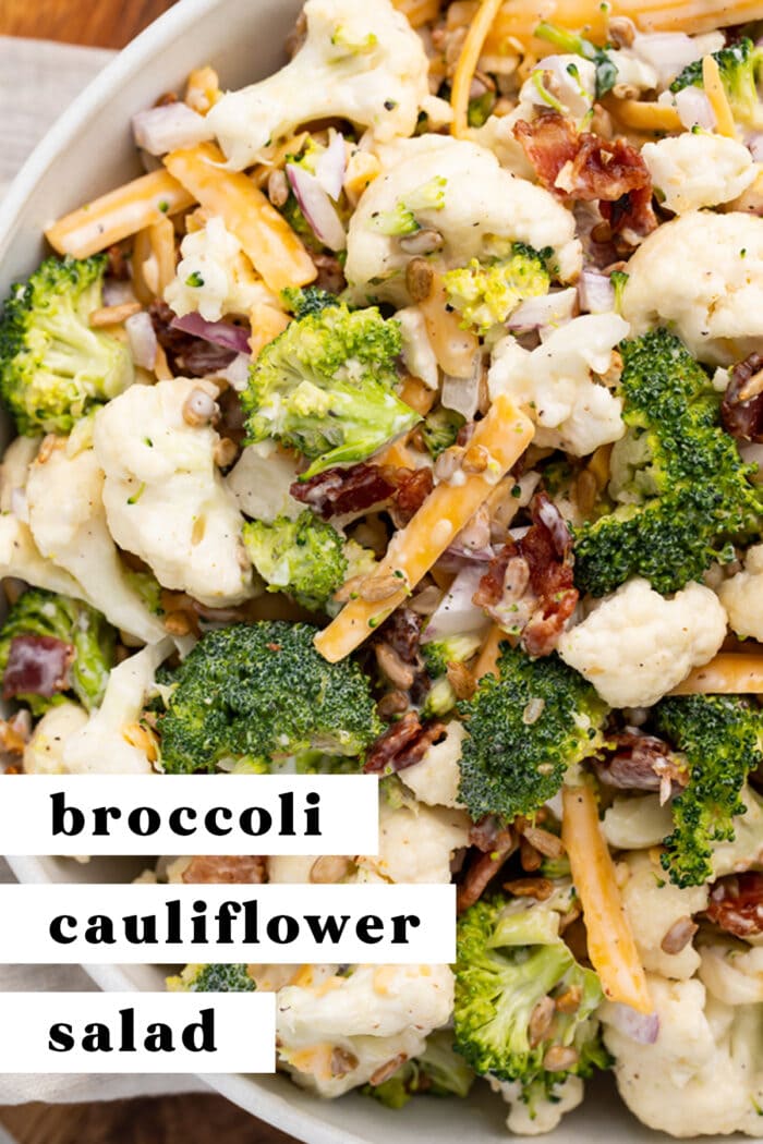 Pin graphic for broccoli cauliflower salad