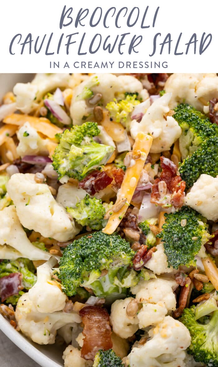 Pin graphic for broccoli cauliflower salad